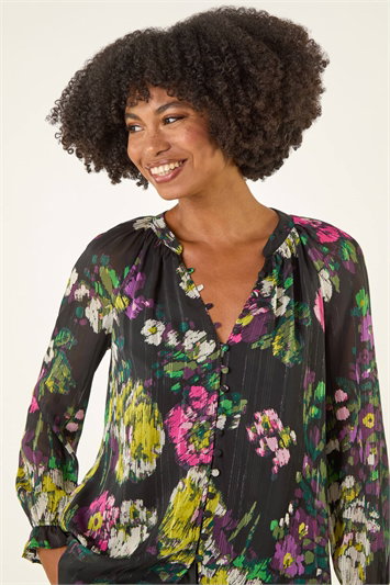 Black Metallic Floral Print Blouse