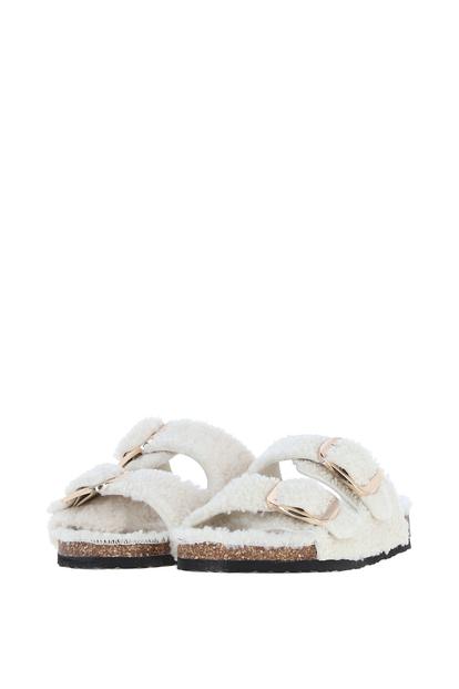 Cream Double Buckle Style Sheepskin Slippers
