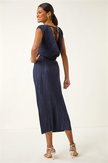 Blue Plisse Cowl Back Midi Dress