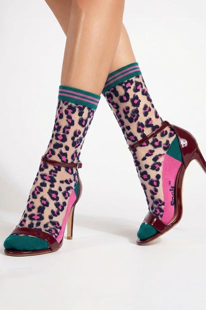 Multi Leopard Print Combed Cotton Sheer Pop Socks In Green/Pink