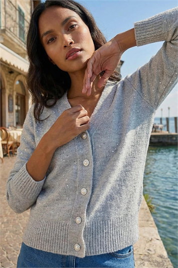 Grey Sequin V-Neck Buttoned Cardigan