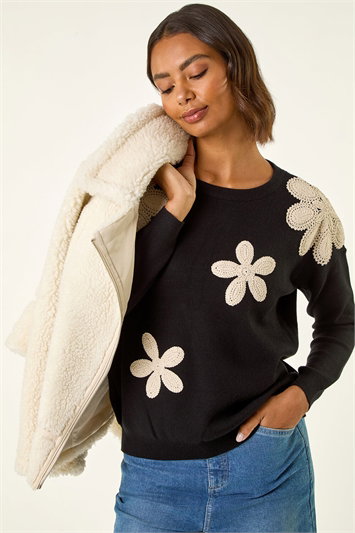 Black Floral Lace Knit Jumper