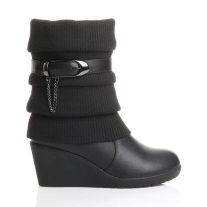 Black Mid Wedge Heel Slouch Ankle Boots