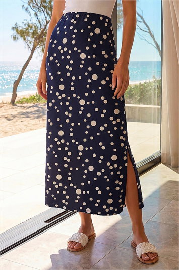 Blue Spot Print Stretch Maxi Skirt