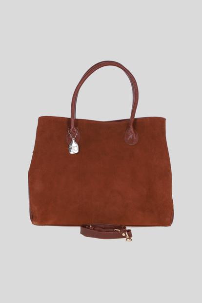 Brown Real Leather And Suede Large Handbag With Detachable Strap