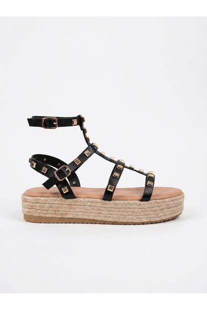 Black Wendy Studded Gladiator Flatform Espadrille Sandals