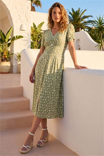 Green Polka Dot Ruched Sleeve Midi Dress