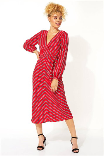Red Wrap Stripe Midi Dress
