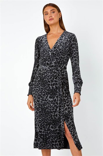 Leopard Print Velvet Wrap Midi Dress 14449385