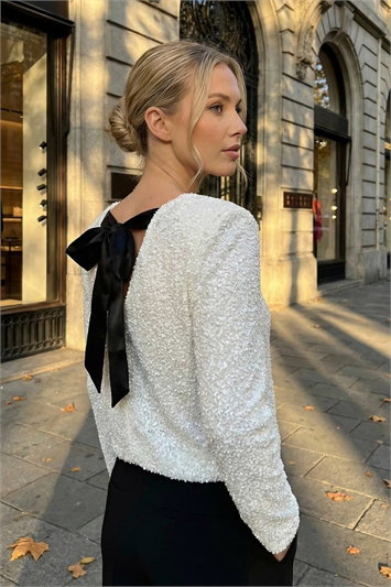 White Sequin Bow Back Snit Top