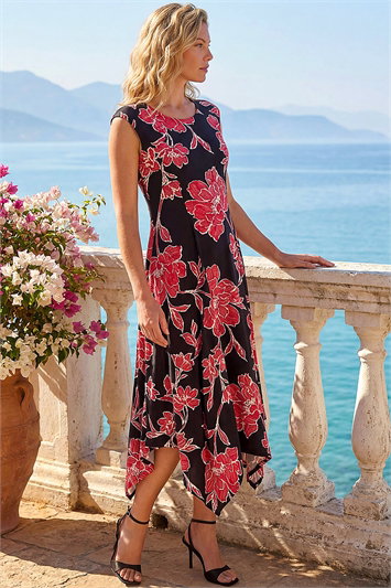 Black Floral Print Stretch Midi Dress