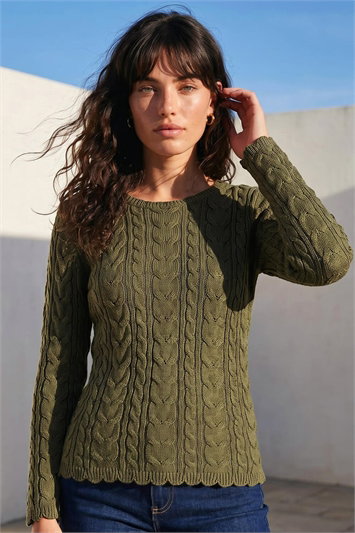 Green Scallop Trim Cable Knit Jumper