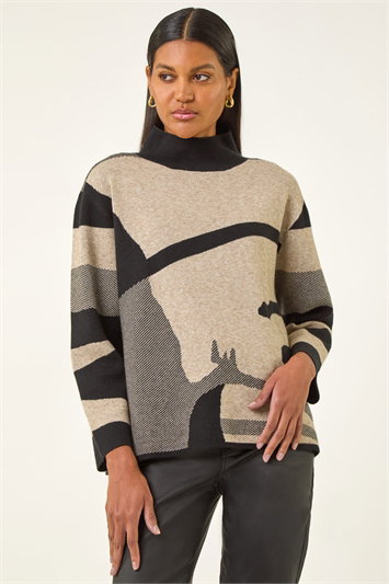 Cream Abstract Knit High Neck Jumper