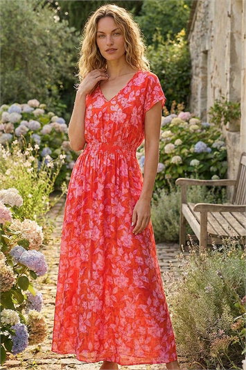 Floral Print Shirred Maxi Dress 14753964