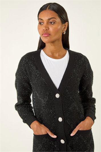 Black Longline Tinsel Knit Cardigan