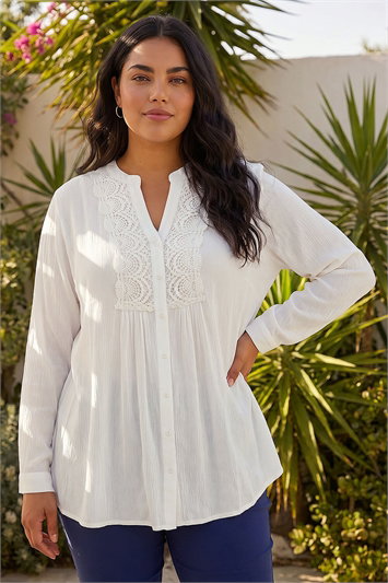 White Curve Lace Trim Pintuck Blouse