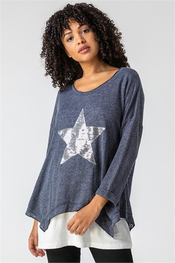 Blue Star Sequin Hanky Hem Layered Top