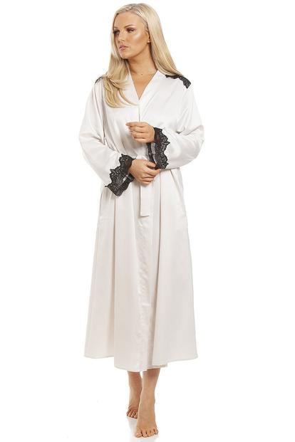 Cream Satin Long Wrap With Floral Lace Detailing