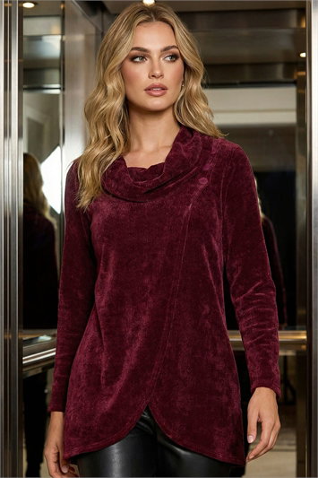 Red Chenille Cowl Neck Tunic Top
