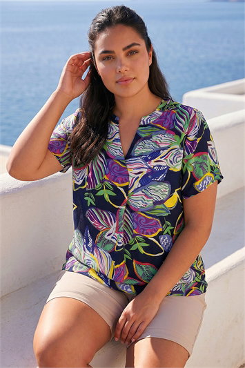 Blue Curve Leaf Print Notch Neck Top