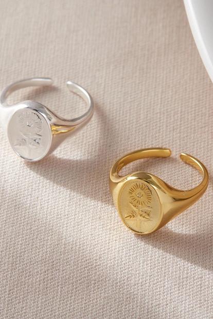 Metallic Sterling Silver Floral Signet Ring One Size