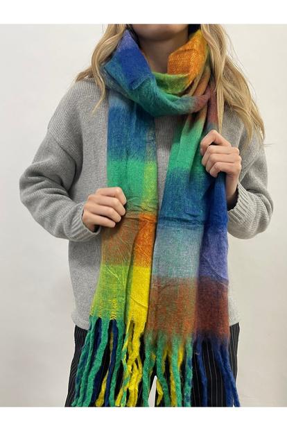 Multi Soft Chunky Checked Scarf With Tassels In Blue Multi