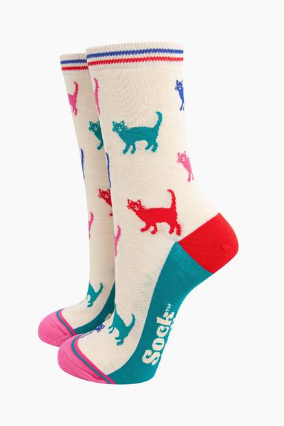 Cream Bamboo Socks - Cream/Multi Cats
