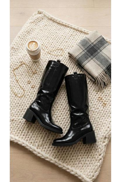 Black Verira Patent Knee High Block Heel Boots