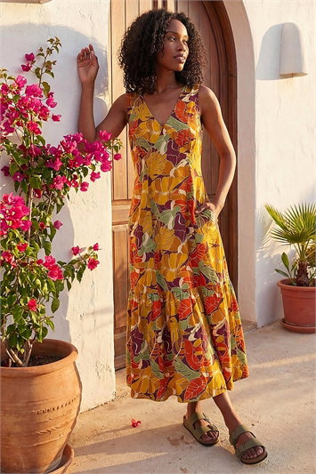 Orange Leaf Print Tiered Midi Dress