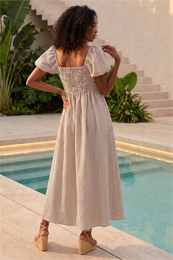 Stripe Puff Sleeve Midi Dress 14909920