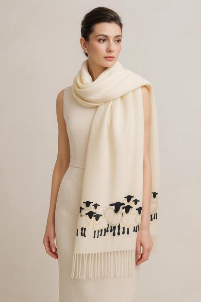 Cream Cashmere Feel Luxury Scarf Handprinted With Sheep