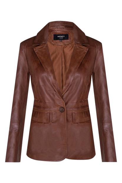 Black Womens One Button Leather Blazer Jacket