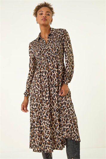 Animal Print Shirred Midi Dress 14754889