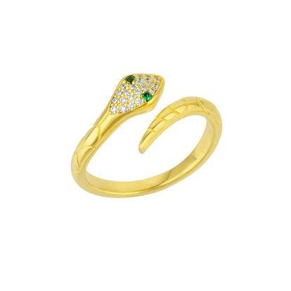 Metallic Pave Snake Ring With Green Eyes In Sterling Silver