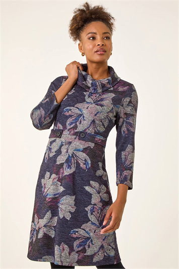 Purple Floral Cowl Neck Tab Dress