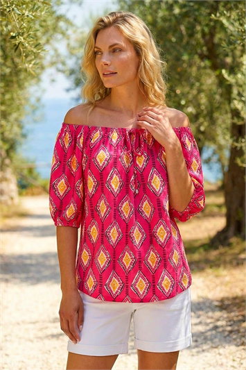 Pink Printed Bardot Tie Front Stretch Top