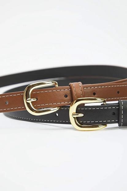 Multi Double Pack Gold Buckle Contrast Stitch Slim Fashion Belt
