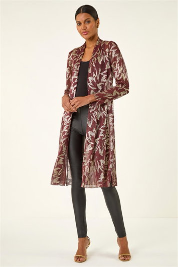 Red Foil Leaf Print Plisse Kimono