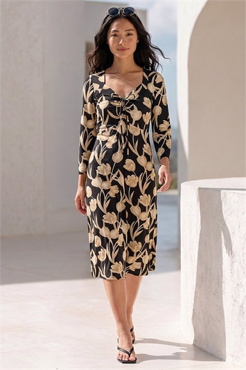 Black Petite Floral Gathered Stretch Midi Dress