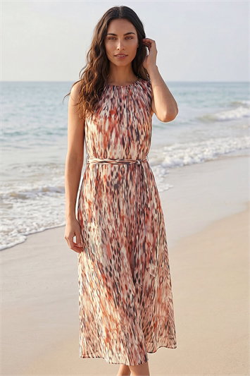 Animal Print Chiffon Pleat Neck Midi Dress 14859419