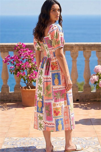 Postcard Print Shirred Midi Dress 14920464