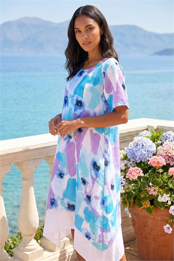 Blue Abstract Print Double Layer Shift Dress