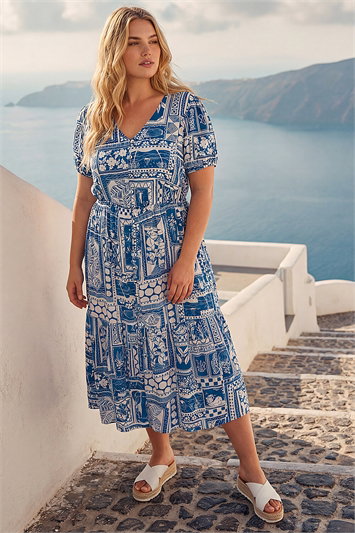 Blue Curve Postcard Print Midi Dress
