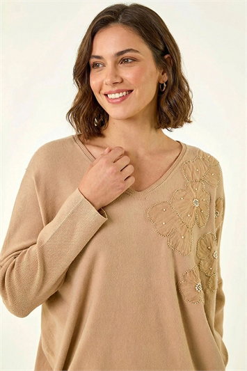 Cream Floral Sequin V-Neck Knit Jumper