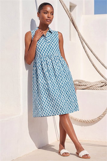 Blue Geometric Diamond Collared Swing Dress