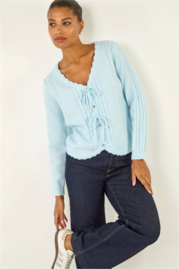 Blue Bow Front Buttoned Knit Cardigan