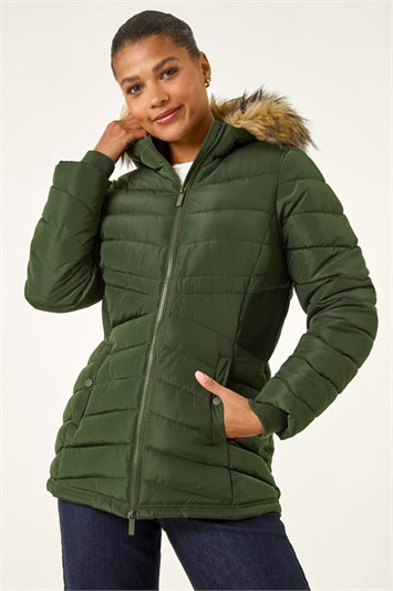 Green Faux Fur Hooded Quilt Coat