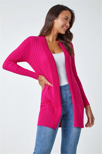 Pink Longline Stretch Ribbed Cardigan