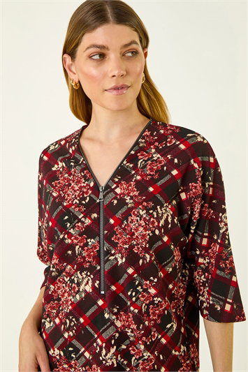 Red Textured Floral Print Stretch Top