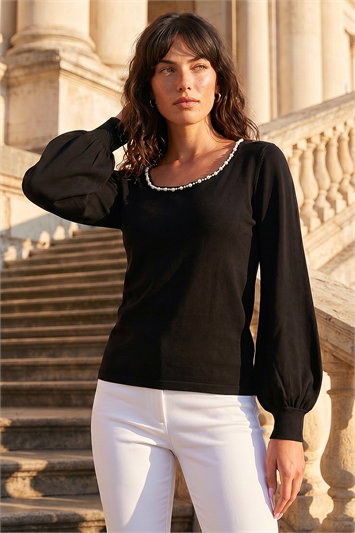 Black Square Neck Pearl Trim Knit Jumper